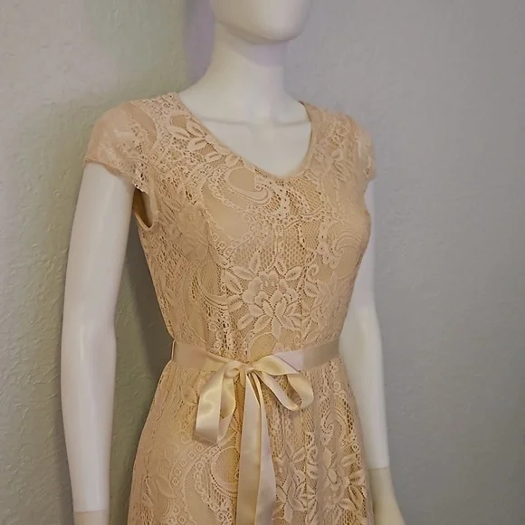 CANDALITE Antique Ivory Lace Maxi Bow Tie Waist Fairycore Hoco Dress - Picture 4 of 10